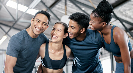 Diversity, fitness and team collaboration for exercise, workout or training together at a indoor...