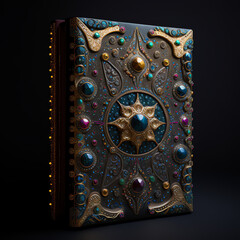 Ancient medieval fantasy spell book, covered with gems, dark background, generative ai