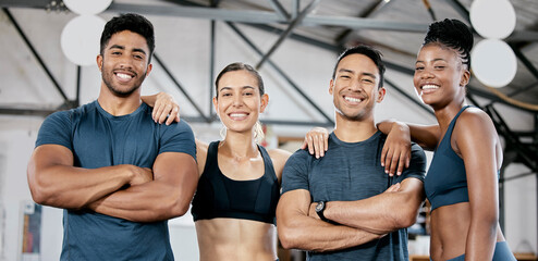 Fitness smile and portrait of friends in gym for teamwork, support and workout. Motivation,...