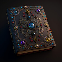 Ancient medieval fantasy spell book, covered with gems, dark background, generative ai