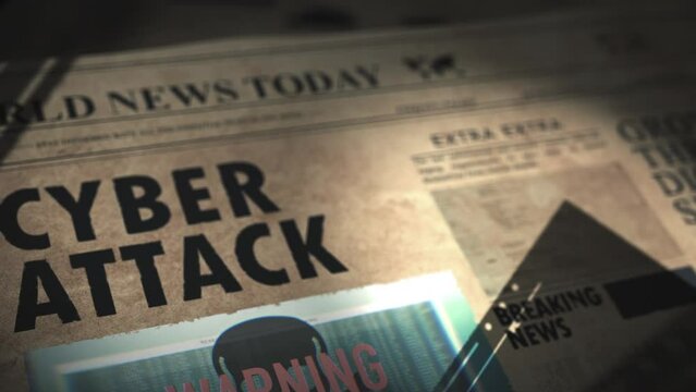 Cyber attack headline in vintage Newspaper with glitch skull hacker animation