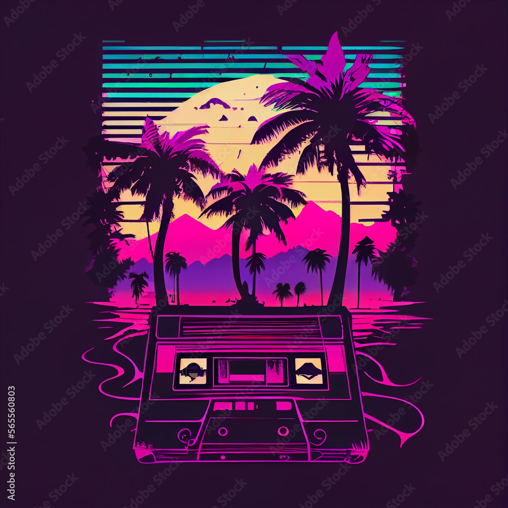 Poster beautiful audio cassette tape in neon light.minimalism retro style concept. 80s. background pattern 