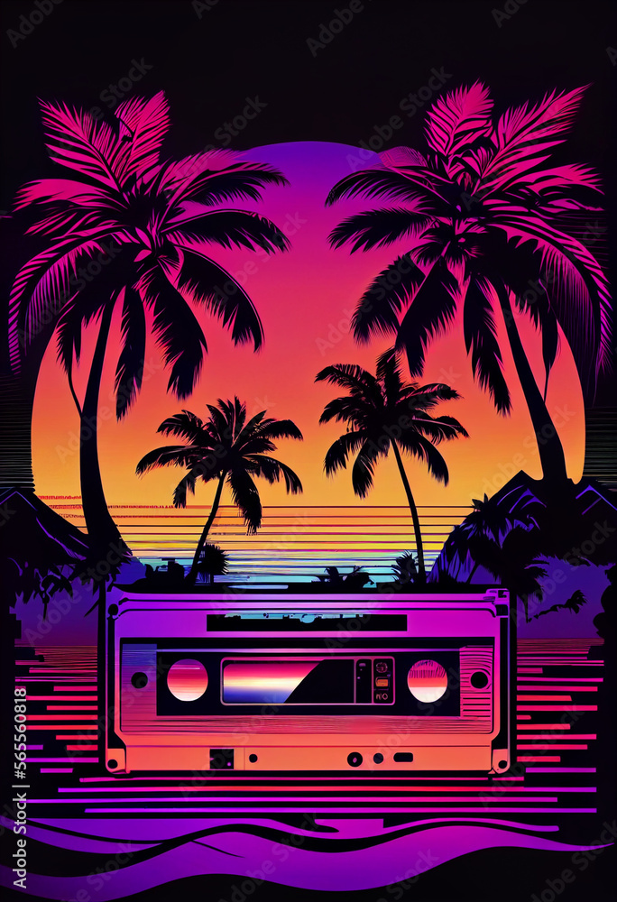 Poster beautiful audio cassette tape in neon light.minimalism retro style concept. 80s. background pattern 