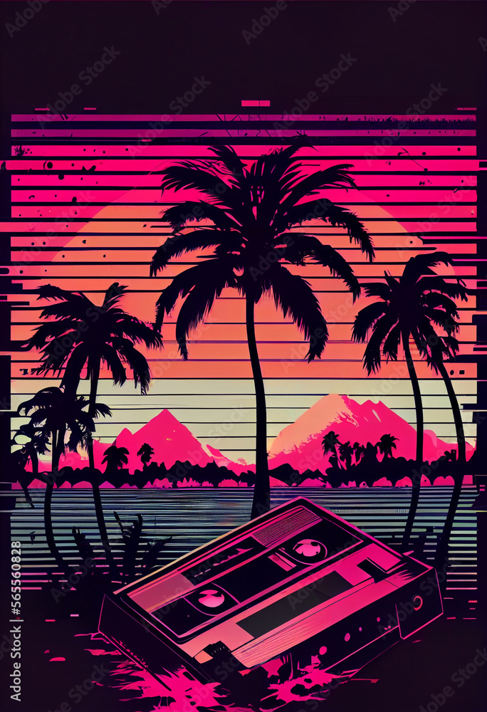 Poster beautiful audio cassette tape in neon light.minimalism retro style concept. 80s. background pattern 