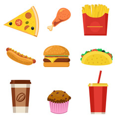 Colorful fast food vector isolated on white background. Hamburger, pizza, sausages, snack, food menu. Restaurant, delicious set of fast food and unhealthy food