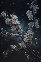 Cherry blossoms, starry sky. Generative AI.