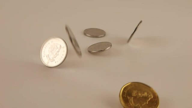 Falling Canadian coins. Slow motion.