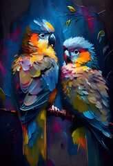 Colorful, Lovebird, love, birds, parrot, exotic, tropical, animal, beak, feather, orange, yellow, blue, palette, knife, oil, painting, decoration, illustration, artwork, generative, AI