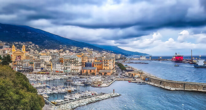 Above looking down on Bastia marina and the Old Town, Corsica, France.
