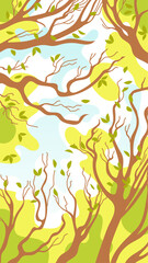 Naklejka premium Spring landscape. Tree crowns with young foliage, blue sky, white clouds. Vector illustration for stories, posters, postcards, banners, design elements, printing on fabric