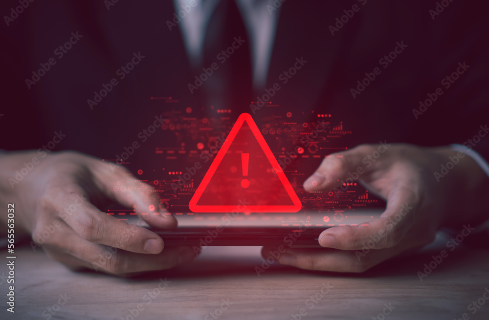 Aufkleber system hacked warning alert on smartphone. cyber attack on computer network, virus, spyware, malware