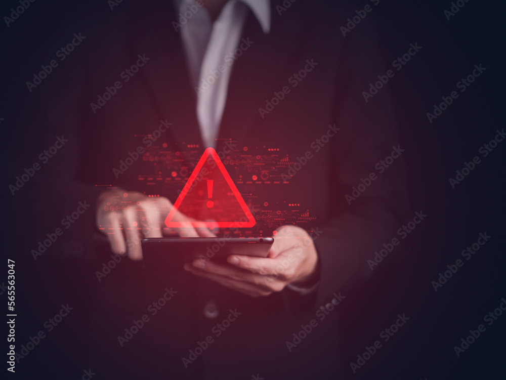 Aufkleber system hacked warning alert on tablet. cyber attack on computer network, virus, spyware, malware or 