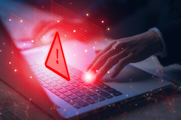 System hacked warning alert on notebook (Laptop). Cyber attack on computer network, Virus, Spyware, Malware or Malicious software. Cyber security and cybercrime. Compromised information internet. - obrazy, fototapety, plakaty