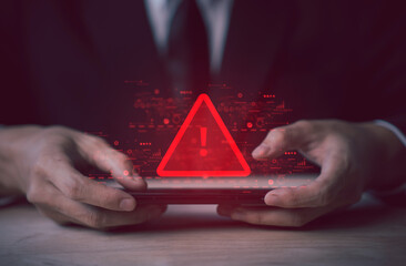 System hacked warning alert on smartphone. Cyber attack on computer network, Virus, Spyware, Malware or Malicious software. Cyber security and cybercrime. Compromised information internet.