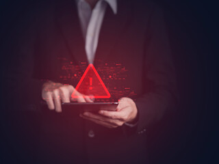 System hacked warning alert on tablet. Cyber attack on computer network, Virus, Spyware, Malware or...