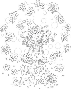 Happy birthday card with a funny little witch waving her magic wand and summer flowers with merry butterflies swirling around, black and white outline vector cartoon illustration
