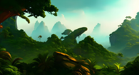 Illustration painting of fantasy tropical jungle alien environment colorful concept art