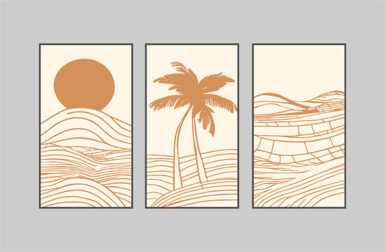 Abstract line art beach wall art template. Vintage wallpaper design with coconut tree, sun, sea wave, beach in minimal style. Ocean painting for summer season, wall decoration, interior, background.