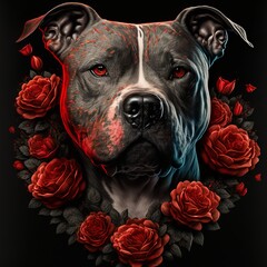 Pitbulls are the most loyal and all he wants is to be your Valentine this year - this cutie is displayed with red roses all around him, symbolizing the deep love he has - Postproducted generative AI 
