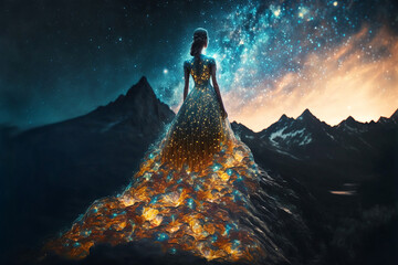 A woman in a fantastic luminous dress looking at sunrise. Generative digital art. AI illustration.