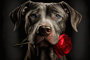 This dog is bringing a red rose to you showing how much he loves you on Valentine's day - Postproducted generative AI digital illustration.