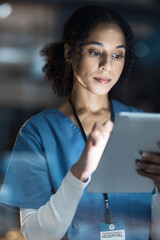 Medical tablet, nurse and black woman in hospital working late on telehealth, research or online...