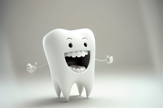 lustiger, gl&uuml;cklicher Comic Zahn in 3d isoliert auf einfarbigen Hintergrund mit Platzhalter - Generative Ai