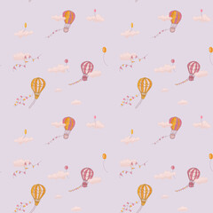 Seamless pattern, hand drawing, pastel paper texture.Air balloons, inflatable balls, clouds, lanterns, flags, garland. Childish cute print.