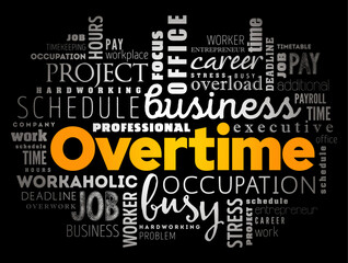 Overtime - amount of time someone works beyond normal working hours, word cloud concept background