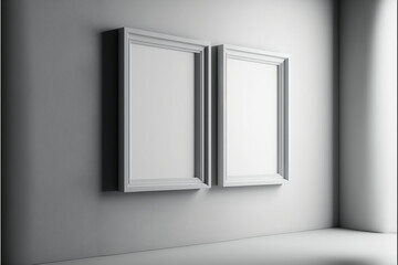 two square frames for art. Accent wall in light grey plaster. Mockup canvas for 2 pictures of art, Generative AI