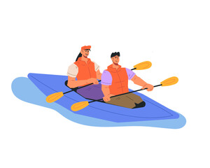 People kayaking. Kayaking and water sport tourism concept, vector illustration isolated on white background. Active vacation in nature.