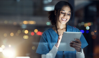 Medical, research and night with doctor and tablet for planning, medicine and schedule. Technology, review and digital with black woman reading report for healthcare, science and life insurance news - Powered by Adobe