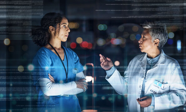 Doctors, talking or futuristic teamwork in hospital night collaboration, surgery planning or wellness research. Medical, big data or future abstract graphic for healthcare women, worker or ai overlay