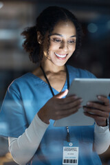 Black woman, nurse and tablet in night planning, medical research or surgery ideas schedule. Smile,...