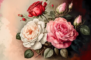 Beautiful Pink, Red and white roses water color style. High Quality illustration. Generative AI