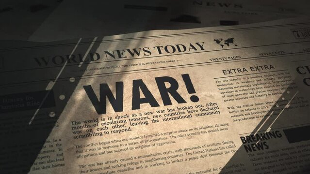 War headline in dramatic unveiling of newspaper article in old vintage daily newspaper in the archive of a newsroom