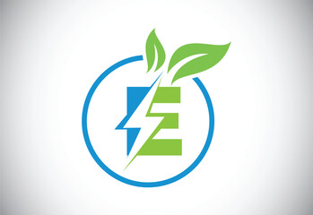 Initial E letter thunderbolt leaf circle or eco energy saver icon. Leaf and thunderbolt icon concept for nature power electric logo