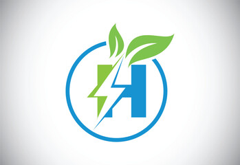 Initial H letter thunderbolt leaf circle or eco energy saver icon. Leaf and thunderbolt icon concept for nature power electric logo