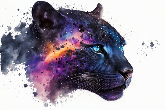 Black panther in watercolor with galaxy starlight milky way Interstellar Abstract AI
