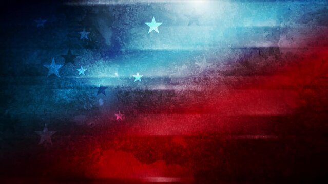 USA colors, stars and glowing stripes abstract grunge blot background. Independence Day seamless looping motion design. Video animation Ultra HD 4K 3840x2160