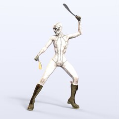 3D-illustration of a comic scifi heroine with two blades