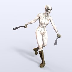 3D-illustration of a comic scifi heroine with two blades
