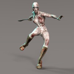 3D-illustration of a comic scifi heroine with two blades