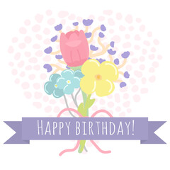 Birthday card with flowers, heart and congratulatory inscription. Postcard on white background.