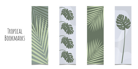 Set of 4 colored bookmarks with palm and monstera leaves, line elements. Flat style illustration with floral elements. Bookmarks isolated on a white background.