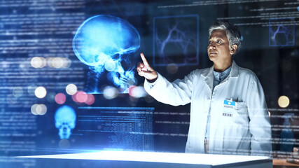 Doctor, medical and hospital with futuristic skull in brain cancer, fracture analysis or overlay...