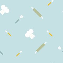 seamless doodle hand drawing chef stuff, kitchen set repeat pattern in blue background, flat vector illustration design