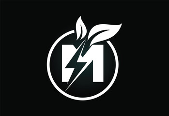 Obraz premium Initial M letter thunderbolt leaf circle or eco energy saver icon. Leaf and thunderbolt icon concept for nature power electric logo