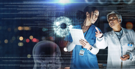 Doctors, technology or healthcare of eyes, hologram or futuristic overlay in cancer, glaucoma or...