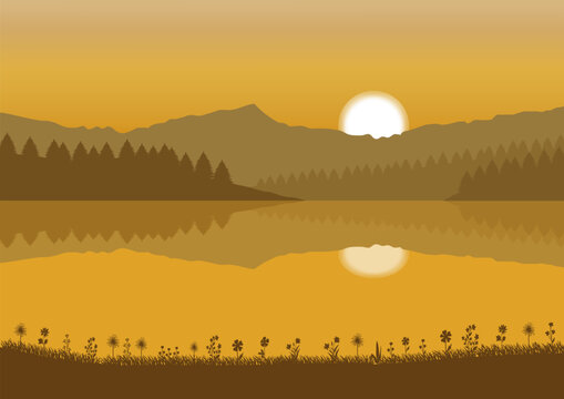 Illustration of a sunset over a lake with mountains and lake in the background